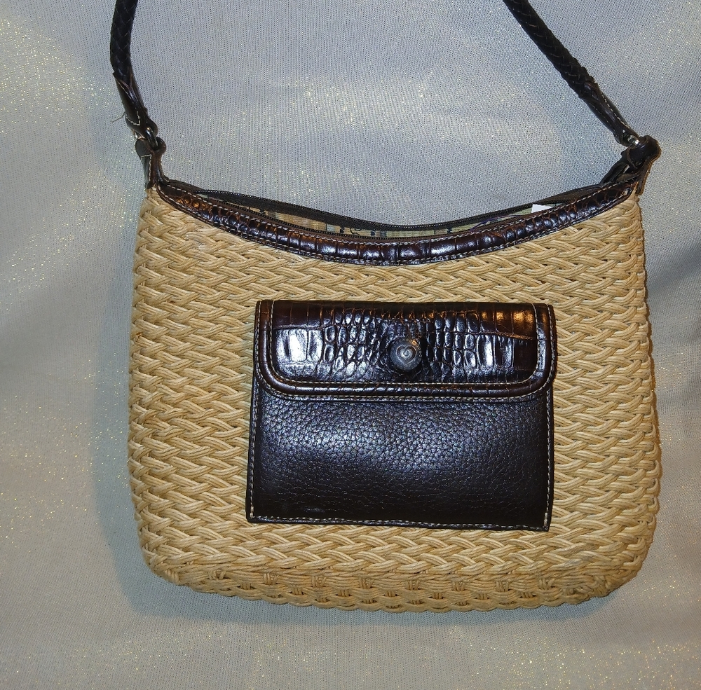 VTG Brighton Leather Trimmed Woven Shoulder Handbag